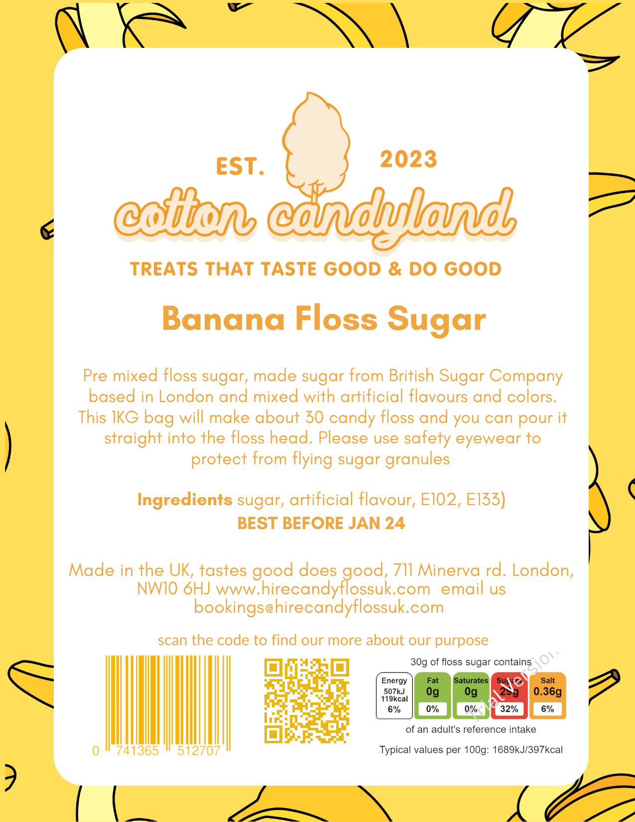 Candy Floss Sugar Bonkers Banana flavour 1kg - Cotton CandylandCotton CandylandParty Supplies