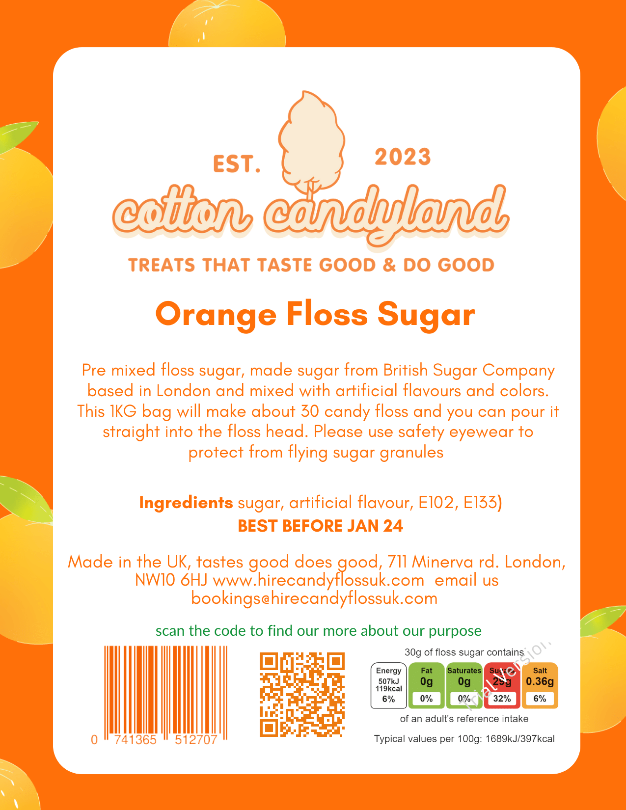 Candy Floss Sugar Orange Burst flavour 1kg - Cotton CandylandCotton CandylandParty Supplies