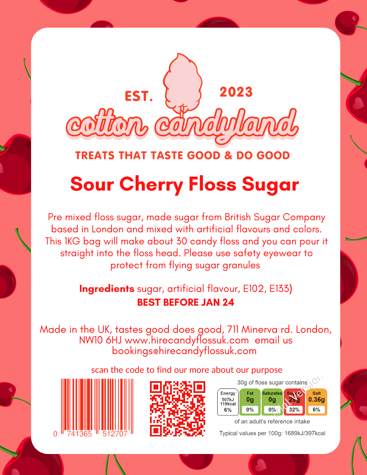 Candy Floss Sugar 1kg Sour Cherry Red - Cotton CandylandCotton CandylandParty Supplies